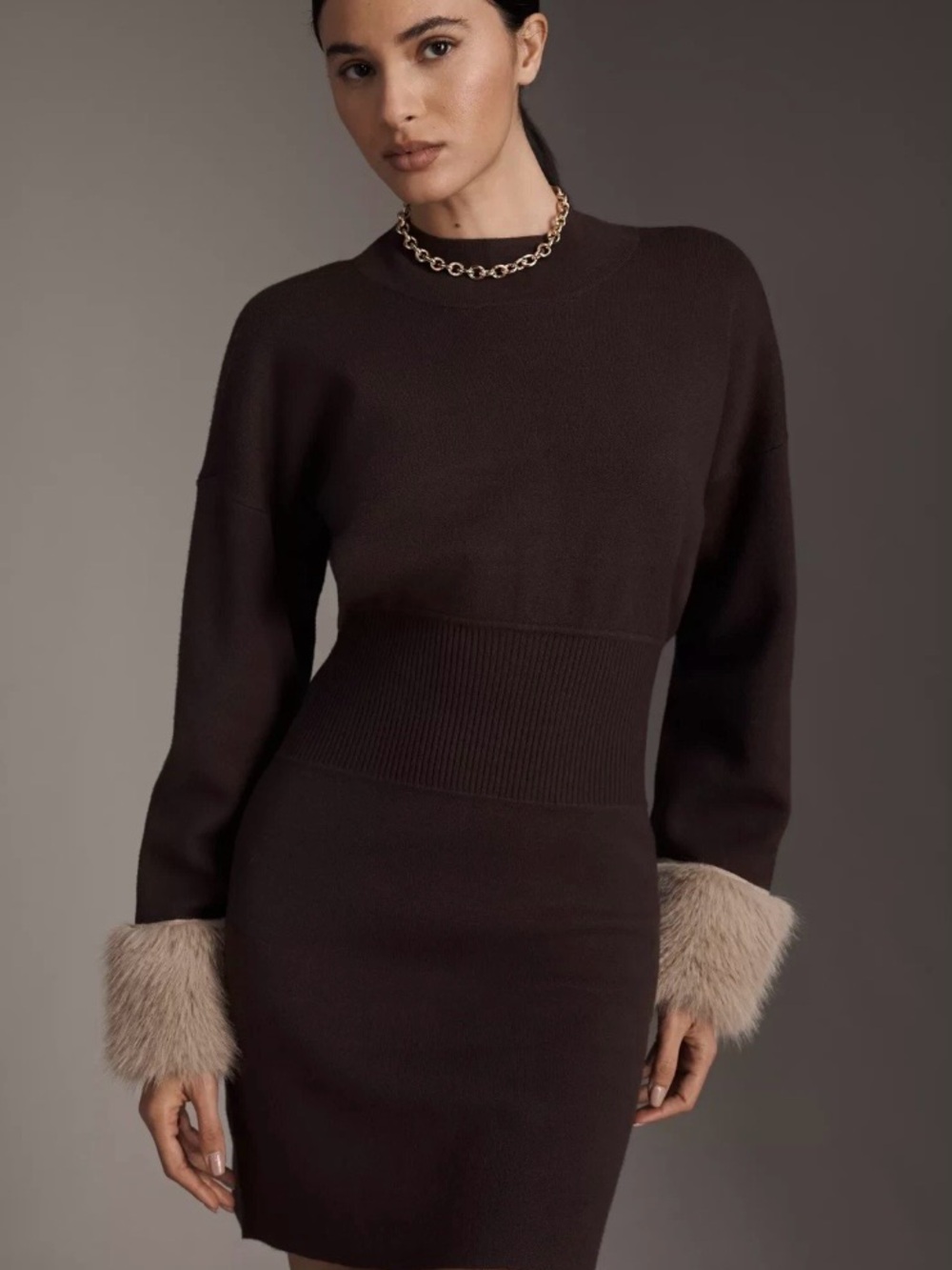 Anthropologie NWT Coffee Bean Brown Sweater Dress Faux Fur Cuffs Cozy Luxe M